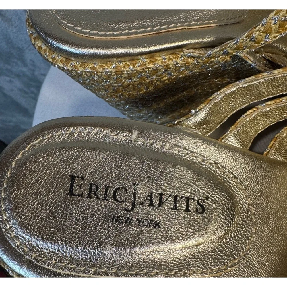 Eric Javits Women 10 M Edy Gold thread Wedge strappy Sandals Slip-On Open Toe